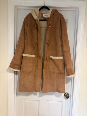 Talbots Camel Tan Faux-Suede Shearling-Trim Hooded Coat